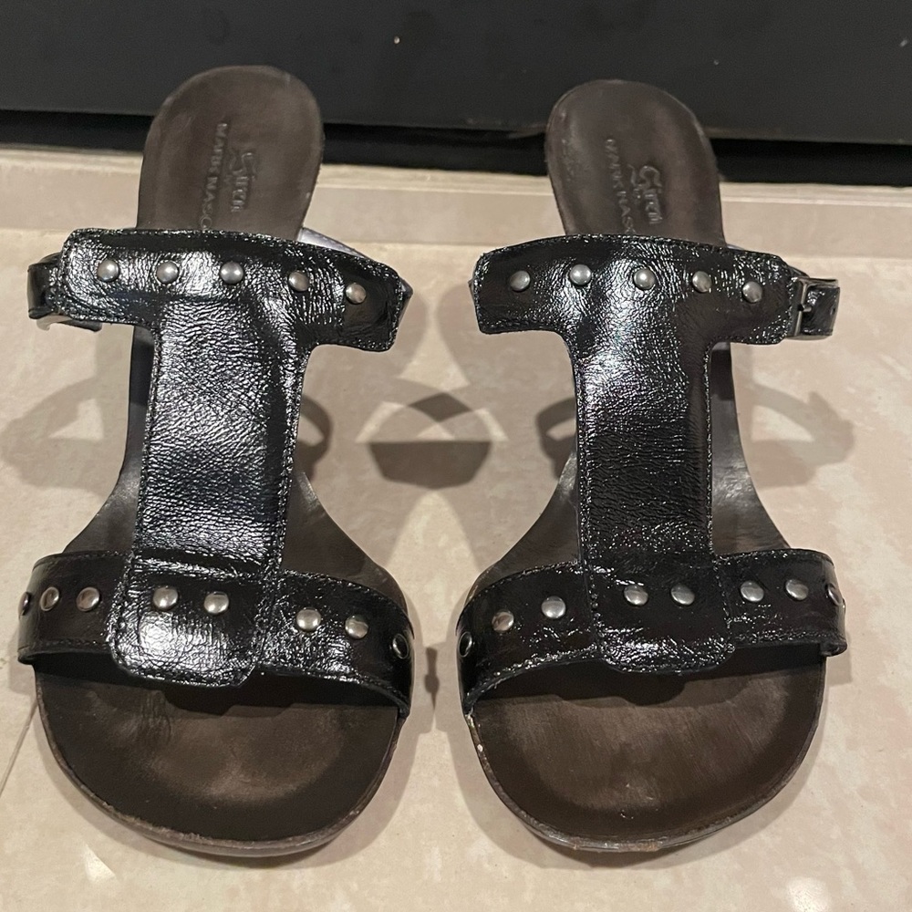 Siren Black Leather Studded High Wedges